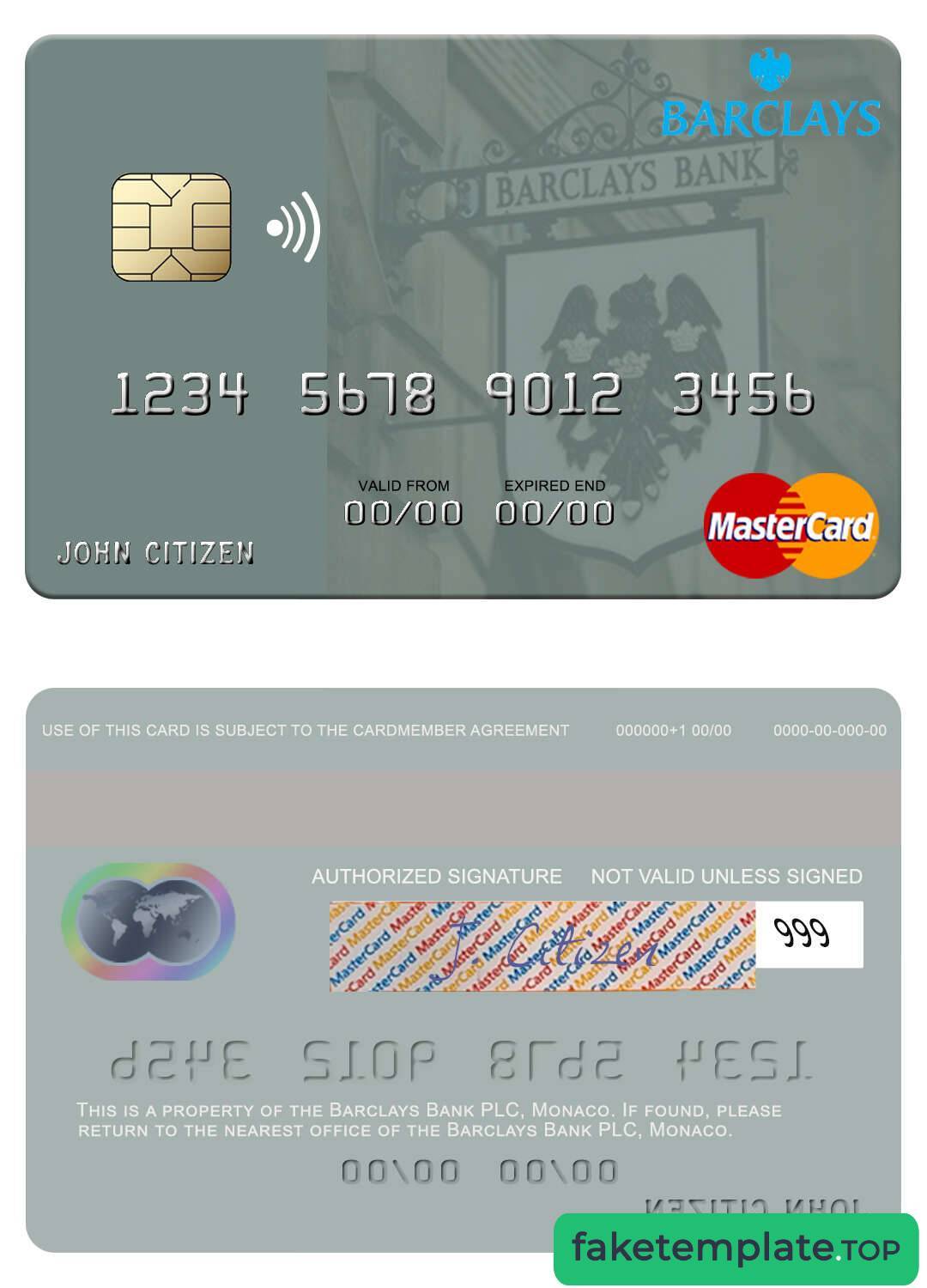 Feature of fake Monaco Barclays Bank PLC mastercard example